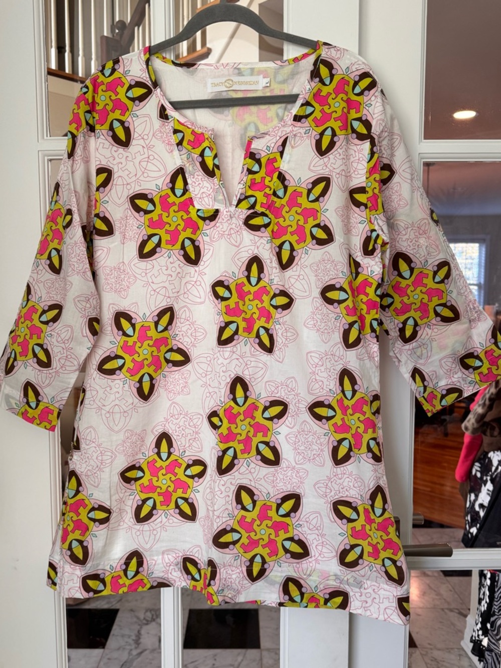 Elephant geo floral print shift dress Coverup Tunic L Retro Coastal Resortwear